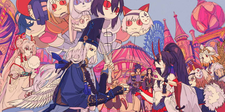 4boys, 4girls, :d, abe_no_seimei_(onmyoji), absurdres, animal_ears, bare_shoulders, black_hair, bracer, breasts, character_balloon, character_request, cogecha, cotton_candy, eyeliner, ferris_wheel, flat_color, food, hair_ornament, hat, high_ponytail, highres, holding, holding_cotton_candy, holding_food, horns, huge_filesize, japanese_clothes, long_hair, makeup, mask, mask_on_head, miketsu_(onmyoji), multiple_boys, multiple_girls, navel, one_eye_closed, oni, onikiri_(onmyoji), onmyoji, open_mouth, ponytail, purple_hair, red_eyes, shiranui_(onmyoji), smile, susabi_(onmyoji), very_long_hair, white_hair