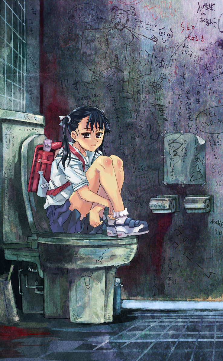 1girl, backpack, bad_id, bad_pixiv_id, bag, black_hair, blush, brown_eyes