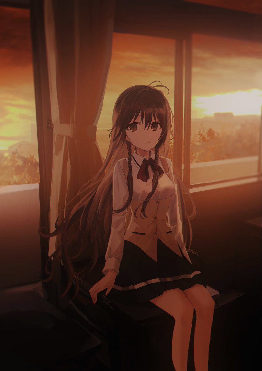 1girl, absurdres, antenna_hair, black_skirt, bow, braid, breasts, brown_eyes