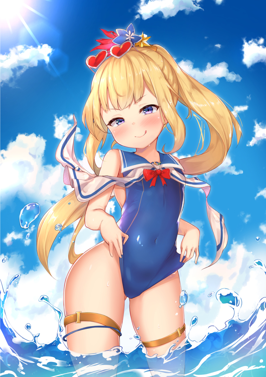 1girl, bare_shoulders, blonde_hair, blue_one-piece_swimsuit, blue_sky, blush, breasts, cagliostro_(granblue_fantasy)