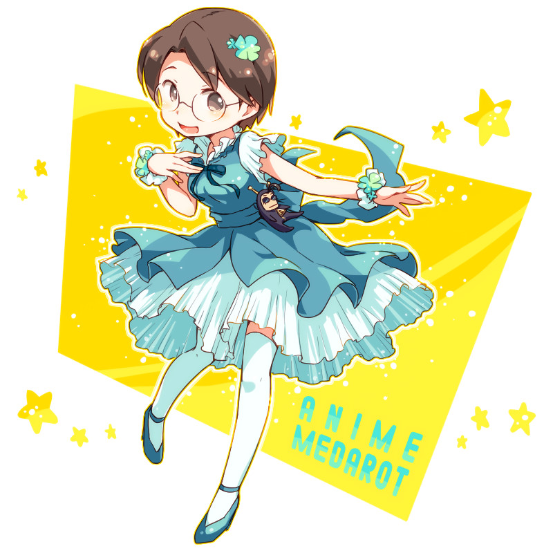 1girl, brown_eyes, brown_hair, copyright_name, dress, female_focus, glasses, hair_ornament, karasumi_(medarot), medarot, open_mouth, rakuni, short_hair, smile, solo, thighhighs, white_thighhighs