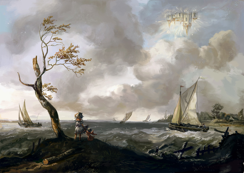 2girls, amibazh, architecture, arm_up, bowl, bowl_hat, castle, cloud, cloudy_sky, day, dress, fine_art_parody, from_behind, gothic_architecture, grey_horns, hand_to_forehead, hat, holding_hands, horns, japanese_clothes, kijin_seija, kimono, layered_dress, multicolored_hair, multiple_girls, ocean, outdoors, parody, pointing, sail, scenery, seascape, shining_needle_castle, ship, shore, short_hair, short_sleeves, sky, small_horns, standing, streaked_hair, sukuna_shinmyoumaru, touhou, tree, watercraft, wide_shot