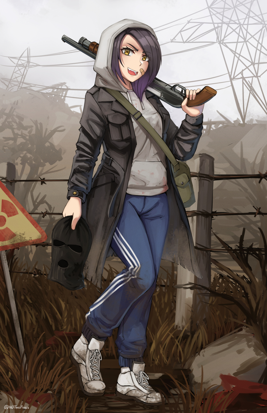 1girl, :d, absurdres, bandaid, bandaid_on_cheek, bandaid_on_face, barbed_wire, black_coat, blue_pants, brown_eyes, coat, commentary, day, dirty, dirty_clothes, drawstring, english_commentary, fang, female_focus, fence, full_body, grey_hoodie, gun, highres, holding, holding_gun, holding_mask, holding_weapon, hood, hood_up, hoodie, long_sleeves, looking_at_viewer, mask, mud, ndtwofives, open_clothes, open_coat, open_mouth, outdoors, over_shoulder, pants, power_lines, purple_hair, radiation_symbol, shoes, shotgun, sign, ski_mask, sky, smile, sneakers, solo, stalker_(game), sweatpants, swept_bangs, transmission_tower, twitter_username, unworn_mask, v-shaped_eyebrows, weapon, weapon_over_shoulder, weapon_request, white_shoes