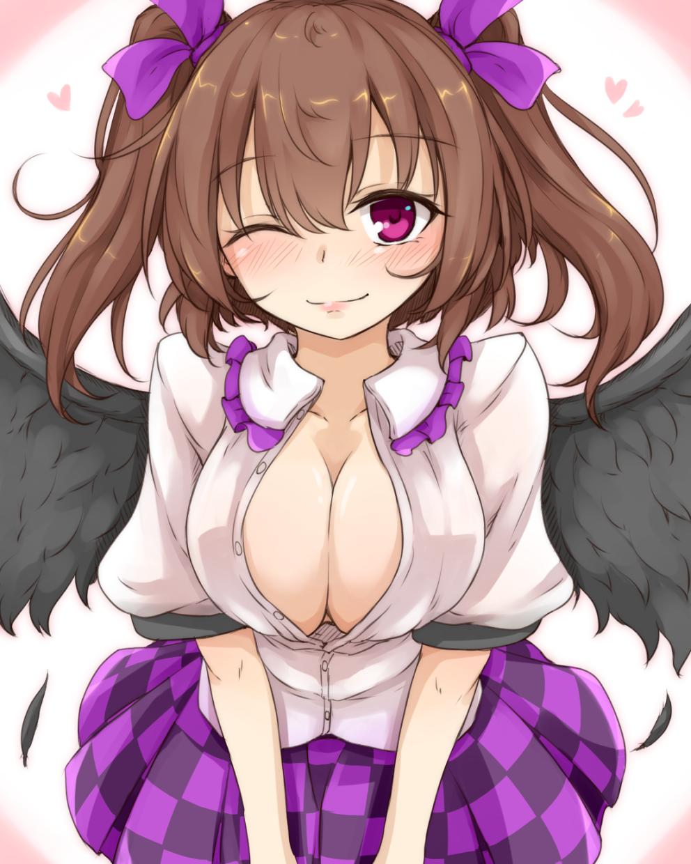 black_wings, breasts, brown_hair, checkered_clothes, checkered_skirt, cleavage, feathered_wings, heart