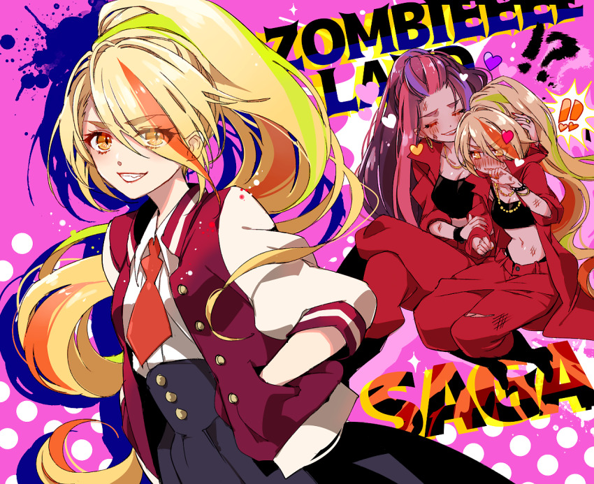 !, !!, 2girls, blonde_hair, blush, bracelet, breasts, cleavage, closed_eyes, crop_top, earrings, hand_in_pocket, heart, high_heels, hug, jacket, jewelry, kirishima_reiko_(zombie_land_saga), long_hair, looking_at_viewer, mamaloni, multicolored_hair, multiple_girls, navel, necklace, necktie, nikaidou_saki, pants, ponytail, purple_hair, smile, teeth, yellow_eyes, yuri, zombie_land_saga