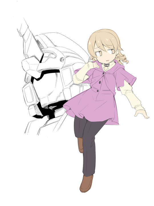 1girl, audrey_burne, audrey_burne_(cosplay), bad_id, bad_pixiv_id, black_pants, blush, brown_eyes, brown_hair, brown_shoes, cosplay, cosplay_request, female_focus, gundam, gundam_unicorn, hair_between_eyes, idolmaster, idolmaster_cinderella_girls, jacket, juliet_sleeves, layered_sleeves, long_hair, long_sleeves, mecha, morikubo_nono, pants, parted_lips, puffy_sleeves, purple_jacket, ringlets, robot, shoes, short_over_long_sleeves, short_sleeves, simple_background, sleeves_past_wrists, solo, uccow, unicorn_gundam, white_background, wide_sleeves