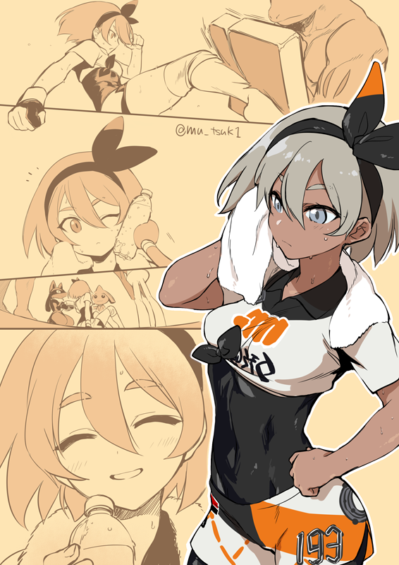 1girl, bea_(pokemon), black_bodysuit, black_bow, black_hairband, bodysuit, bodysuit_under_clothes, bottle