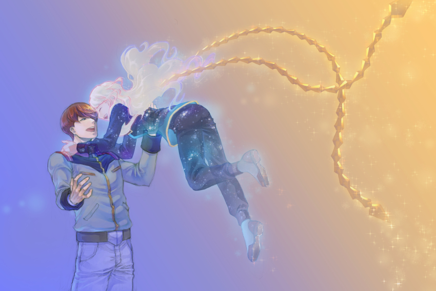 1boy, 1girl, belt, blonde_hair, blue_eyes, blue_footwear, brown_hair, closed_eyes