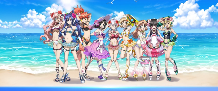 6+girls, :d, absurdres, akatsuki_kirika, amou_kanade, beach, bird, blue_sky