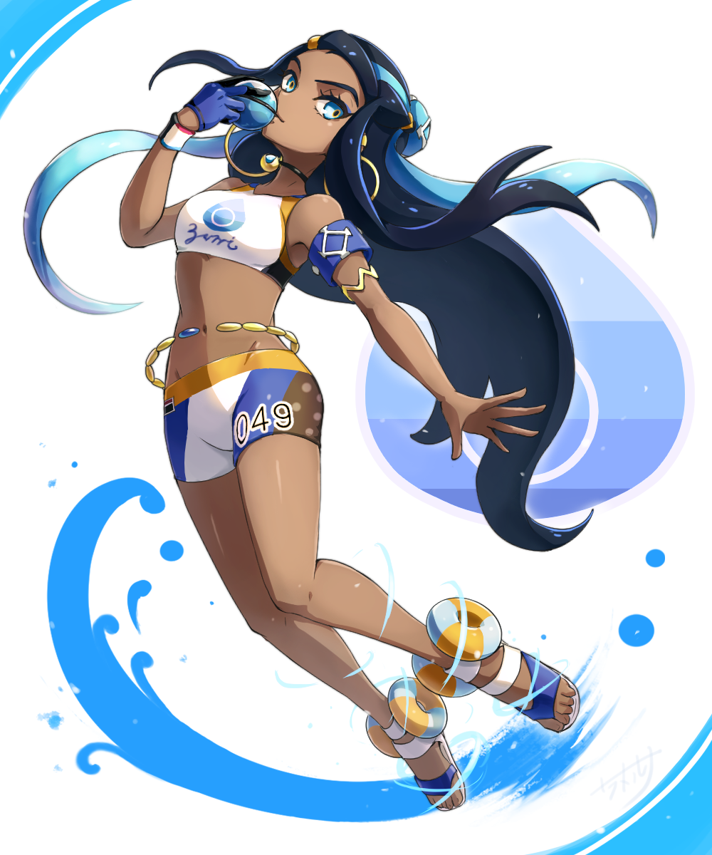 1girl, armlet, asymmetrical_gloves, bikini, bikini_shorts, black_hair, blue_eyes, blue_gloves, blue_hair, braid, closed_mouth, dark-skinned_female, dark_skin, dive_ball, earrings, female_focus, floating_hair, full_body, gloves, groin, gym_leader, highres, holding, holding_poke_ball, jewelry, long_hair, looking_at_viewer, multicolored_hair, navel, nessa_(pokemon), nintendo, o-ring, outstretched_hand, poke_ball, pokemon, pokemon_sword_and_shield, shiny_skin, shorts, single_glove, skarameru, solo, sports_bikini, swimsuit, two-tone_hair, uneven_gloves, very_long_hair, white_background