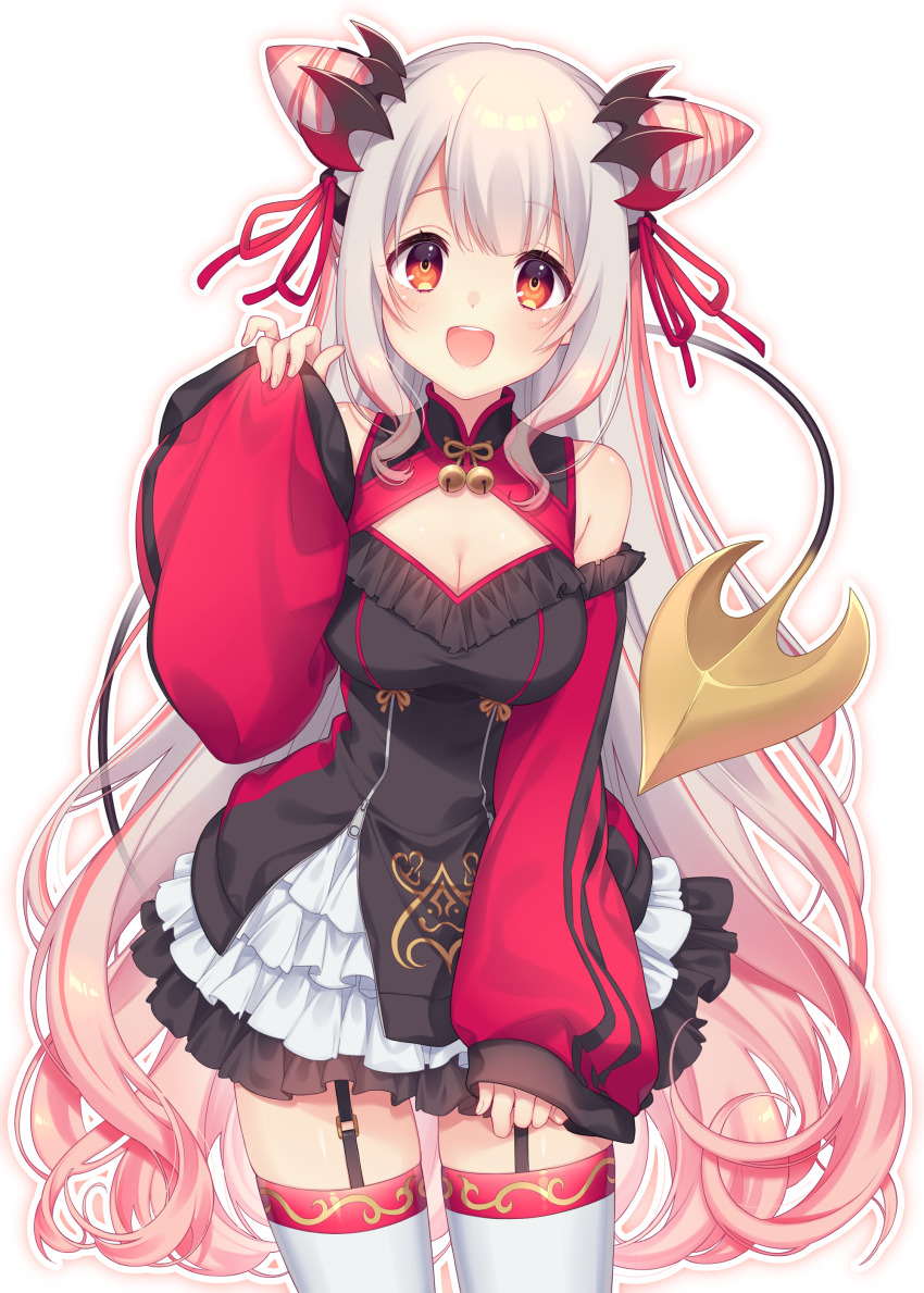 1girl, absurdres, bare_shoulders, bell, black_dress, black_skirt, blush, breasts