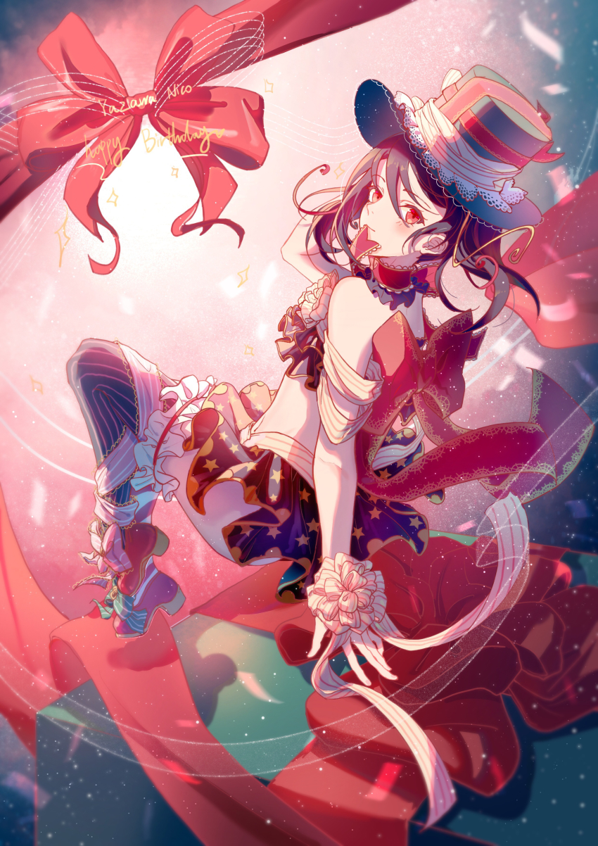 1girl, absurdres, artist_name, artist_request, black_hair, black_skirt, blush, bow, choker, confeito, confeitoo, crop_top, dated, female_focus, floating_hair, green_hat, hat, hat_ribbon, highres, leaning_forward, long_hair, looking_at_viewer, love_live!, love_live!_school_idol_festival, love_live!_school_idol_project, midriff, miniskirt, red_bow, red_eyes, red_ribbon, ribbon, skirt, smile, solo, star_(symbol), star_print, twintails, yazawa_nico