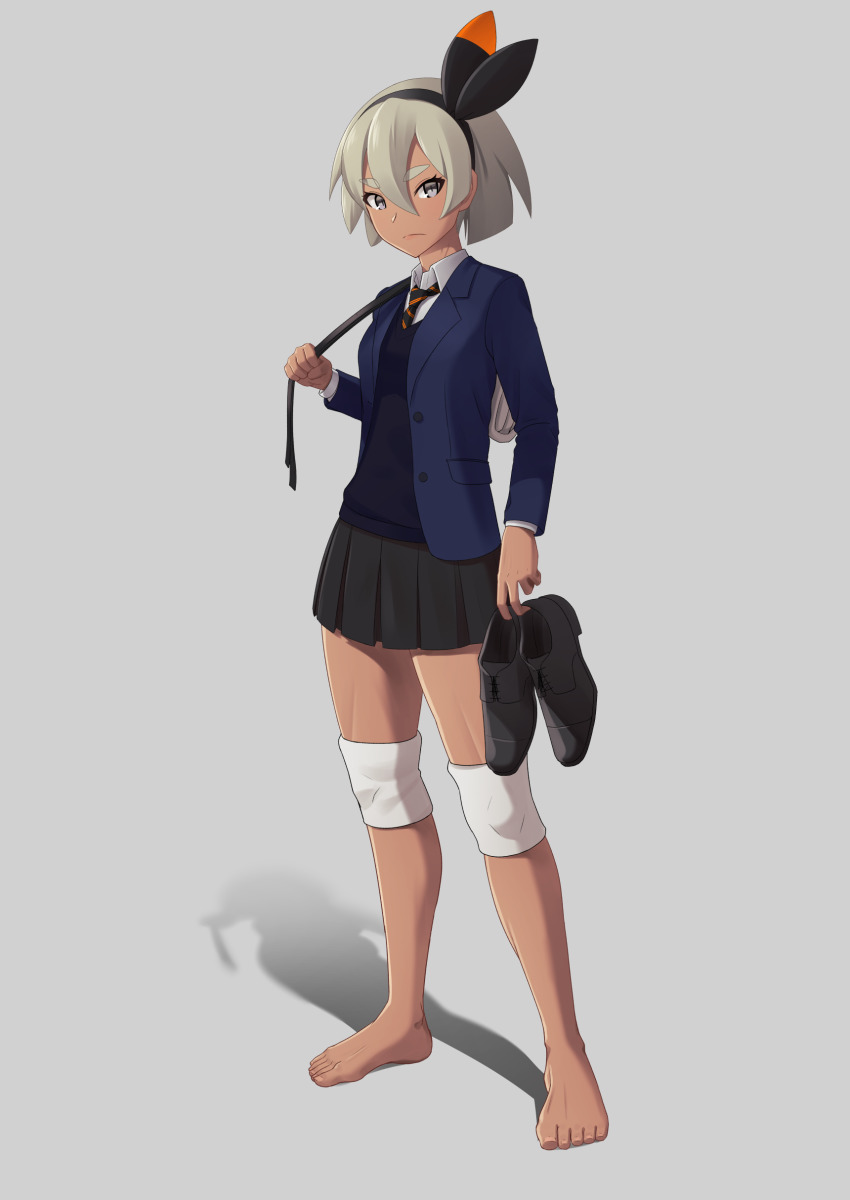 1girl, absurdres, alternate_costume, bad_id, bad_pixiv_id, barefoot, bea_(pokemon), black_necktie