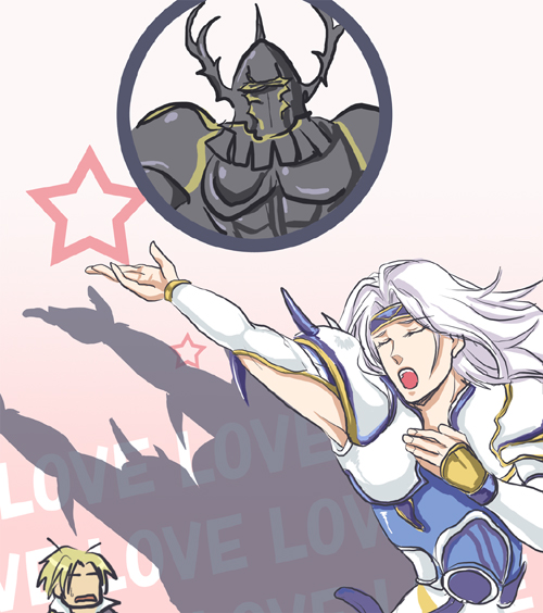 3boys, bad_id, bad_pixiv_id, cecil_harvey, dissidia_final_fantasy, final_fantasy, final_fantasy_iv, final_fantasy_x, golbez, in-franchise_crossover, iosys, killingrock, male_focus, multiple_boys, music, parody, singing, slash_run, sweatdrop, tidus, touhou