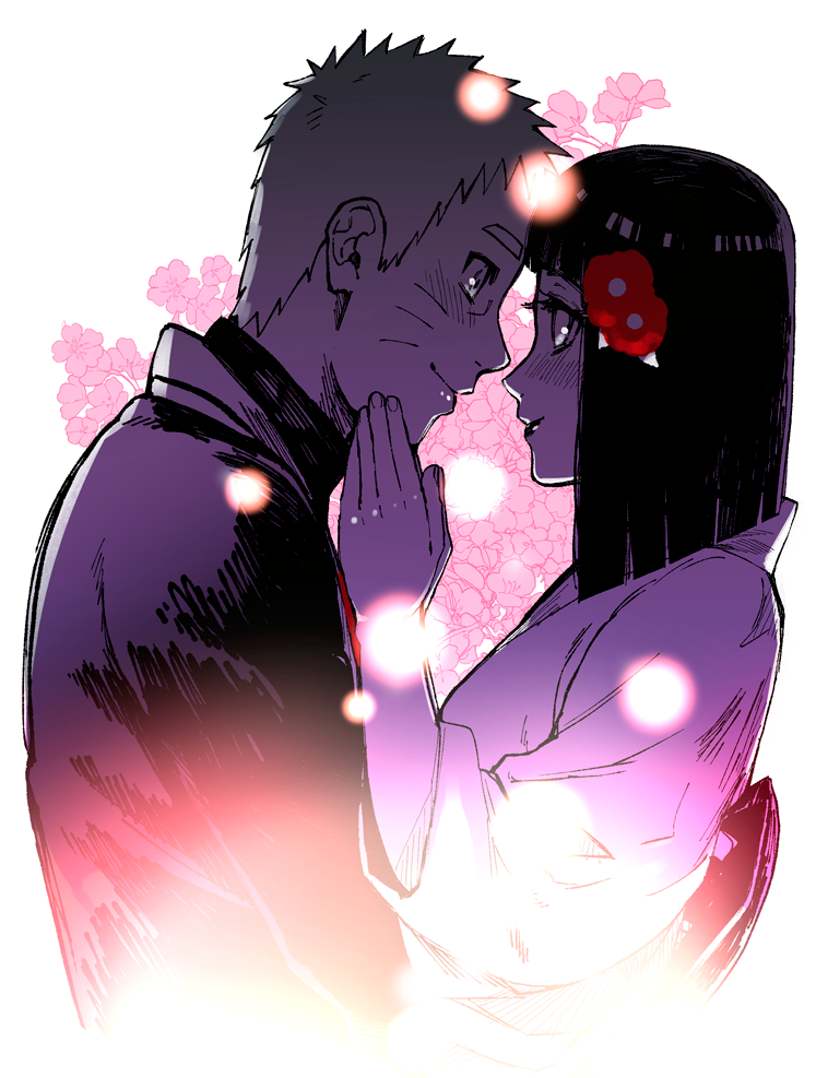 1boy, 1girl, bad_id, bad_pixiv_id, blush, cherry_blossoms, eye_contact, facial_mark