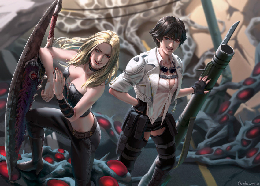 2girls, black_hair, black_legwear, black_nails, black_pants, blonde_hair, breasts, capcom