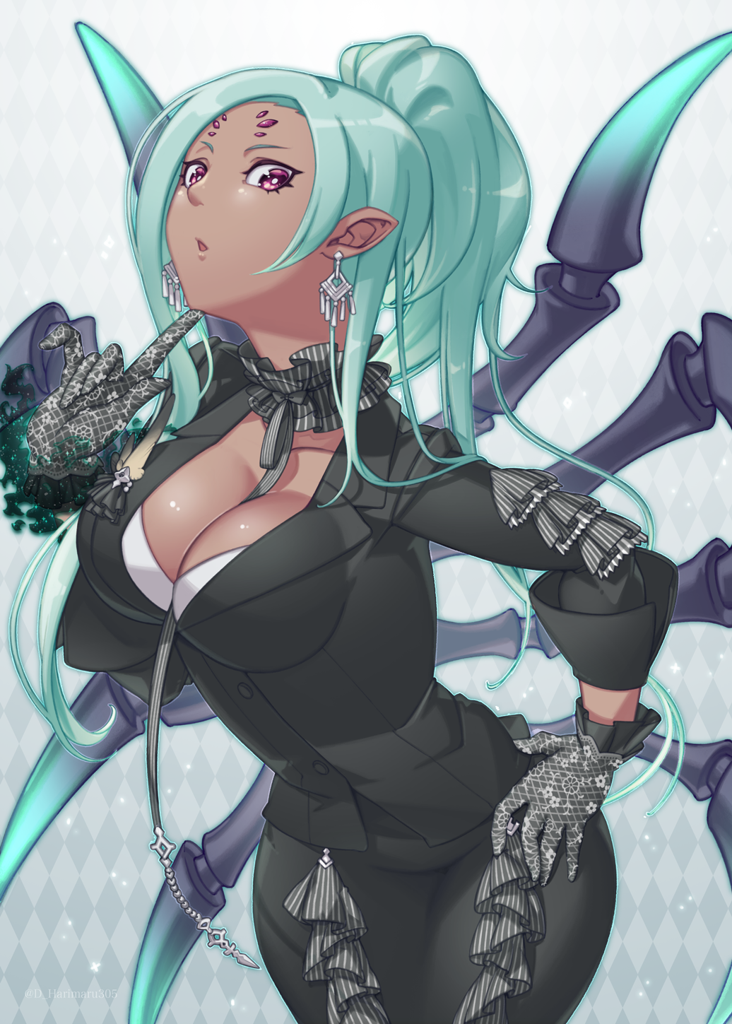 1girl, aqua_hair, arachne_(housamo), argyle_background, argyle_clothes, arthropod_girl, arthropod_limbs, bad_proportions, black_gloves, black_neckwear, black_suit, breasts, cleavage, dark-skinned_female, dark_skin, earrings, extra_eyes, female_focus, finger_to_own_chin, formal_clothes, gloves, hand_on_own_hip, hand_up, harigiri305, highres, impossible_clothes, jewelry, lace, large_breasts, leaning_forward, long_hair, pointy_ears, ponytail, simple_background, solo, standing, suit, tokyo_houkago_summoners