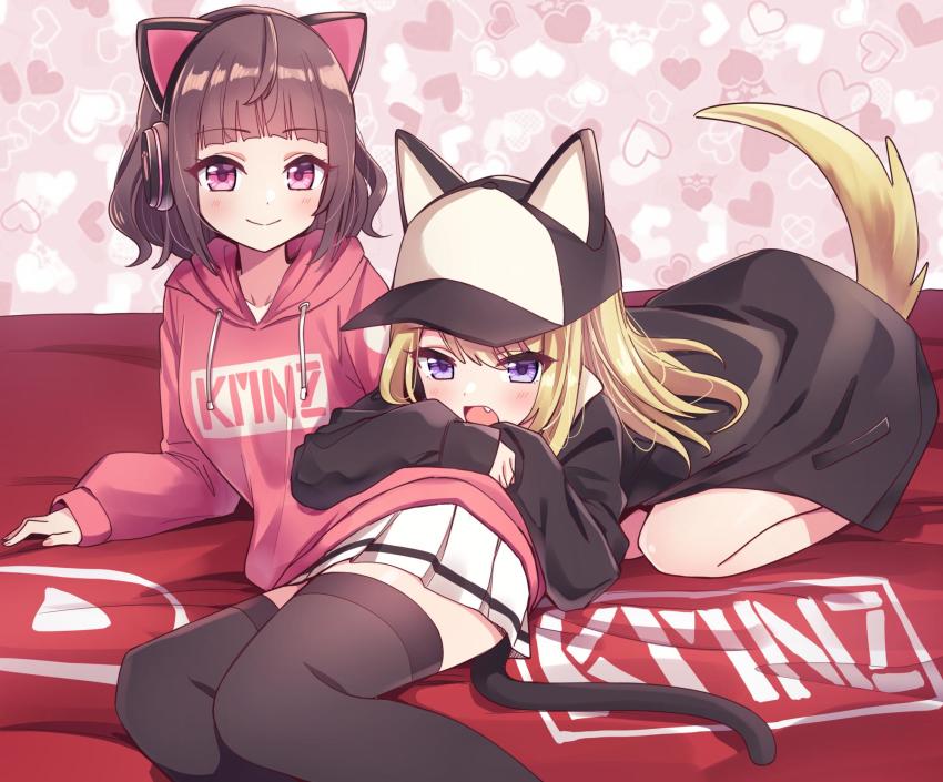 2girls, animal_ear_headphones, animal_ears, bad_id, bad_twitter_id, baseball_cap, black_coat, black_legwear