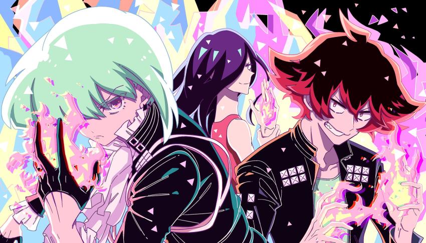 3boys, ascot, bad_id, bad_twitter_id, black_gloves, black_jacket, blue_hair, fire