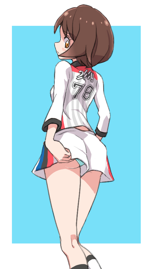 alternate_costume, ass, betuni, blue_background, brown_hair, from_behind, gloria_(pokemon), gym_challenge_uniform, kneepits, nintendo, panties, panty_peek, pokemon, pokemon_sword_and_shield, short_hair, short_shorts, shorts, simple_background, solo, underwear, upshorts