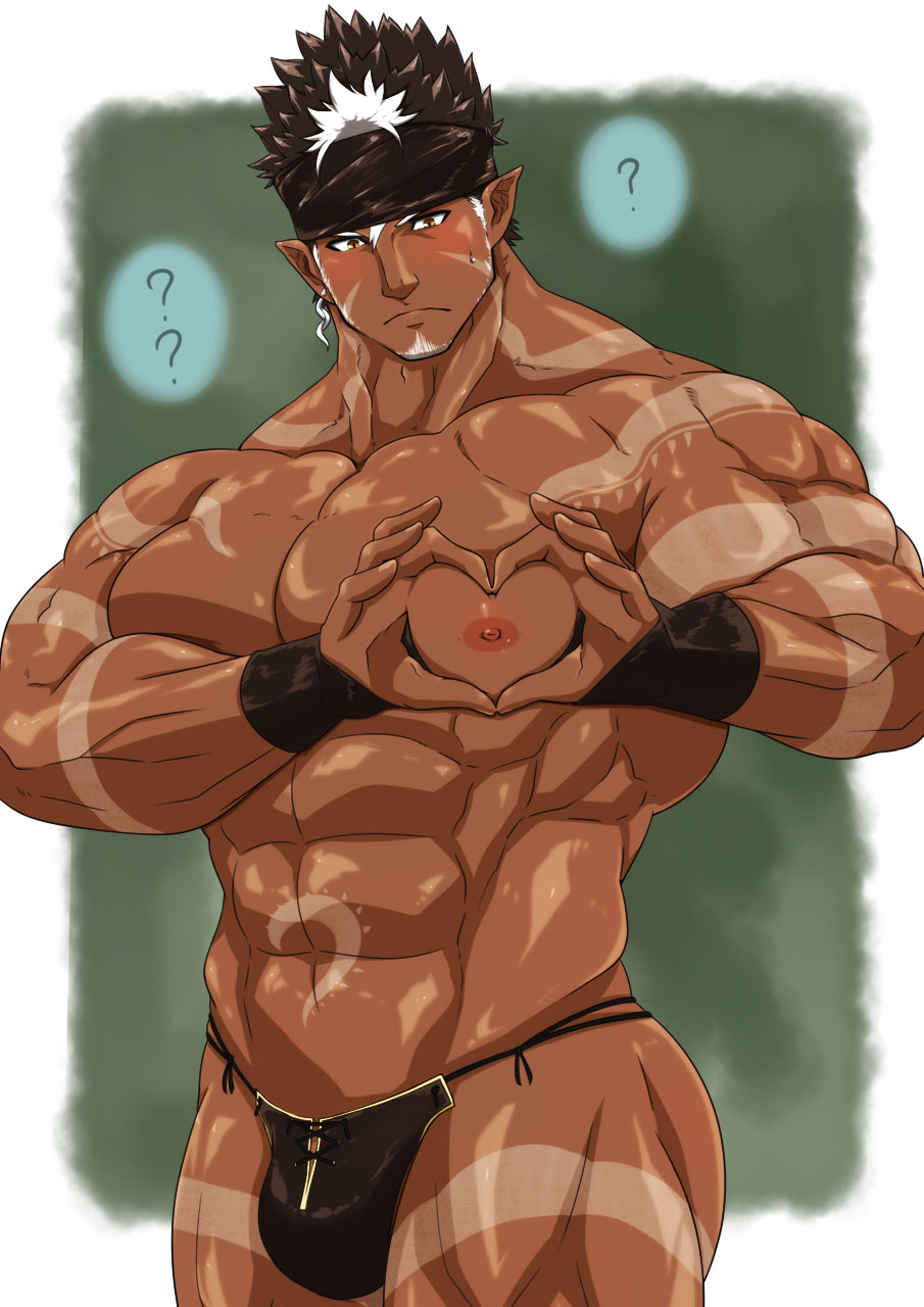 1boy, ?, abs, arm_tattoo, bara, brown_hair, bulge, dark-skinned_male