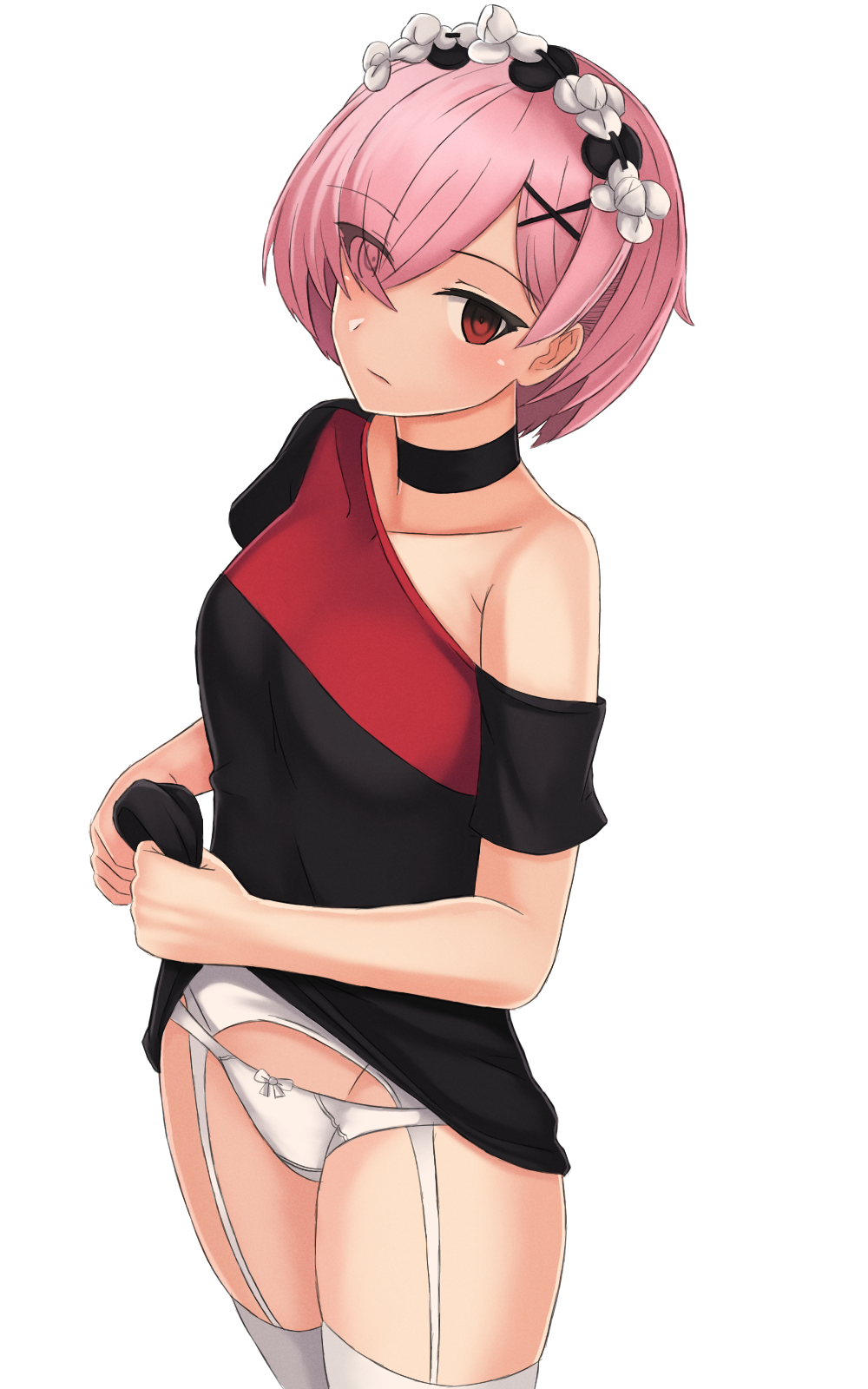 1girl, black_shirt, bow, bow_panties, breasts, choker, closed_mouth, clothes_lift, collarbone, cowboy_shot, eyes_visible_through_hair, female_focus, flower, garter_belt, groin, hair_flower, hair_ornament, hair_over_one_eye, head_wreath, highres, lifting_own_clothes, medium_breasts, off-shoulder_shirt, off_shoulder, panties, pink_hair, ram_(re:zero), re:zero_kara_hajimeru_isekai_seikatsu, red_eyes, shirt, shirt_lift, short_hair, short_sleeves, simple_background, solo, sonzai_soumei, standing, thighhighs, underwear, white_background, white_flower, white_panties, white_thighhighs, x_hair_ornament