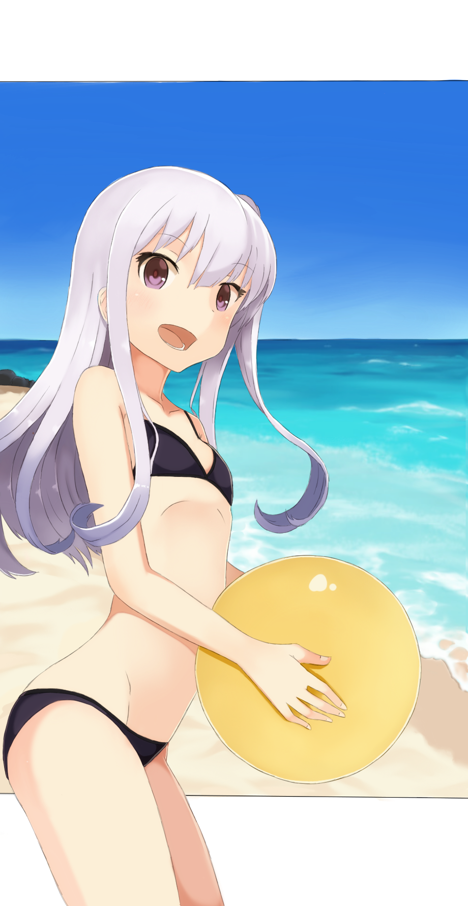 1girl, ball, beach, bikini, black_bikini, blue_sky, collarbone, cowboy_shot