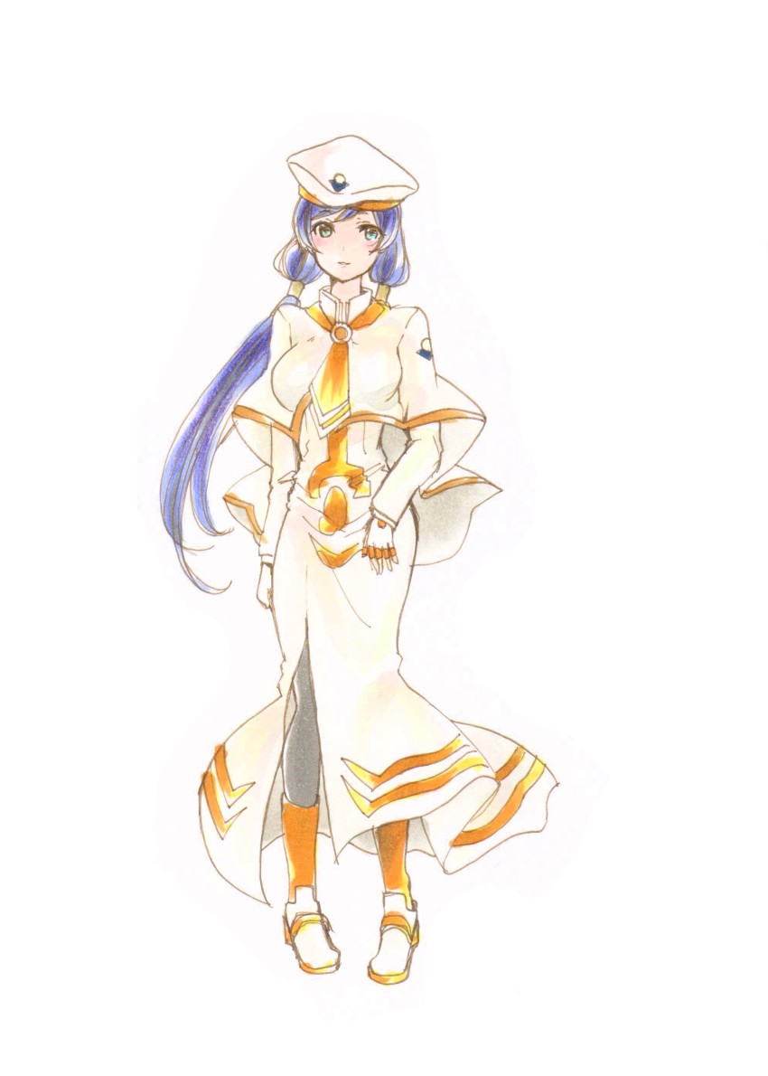 1girl, absurdres, alice_carroll, alice_carroll_(cosplay), aria_(manga), blue_eyes, blue_hair, blush, capelet, cosplay, dress, female_focus, fingerless_gloves, floating_hair, full_body, gloves, grey_pantyhose, hat, highres, long_dress, long_hair, looking_at_viewer, love_live!, love_live!_school_idol_project, necktie, pantyhose, parted_lips, side_slit, simple_background, solo, standing, swept_bangs, tojo_nozomi, twintails, uro_(m369), very_long_hair, white_background, white_capelet, white_dress, white_footwear, white_gloves, white_hat, yellow_necktie