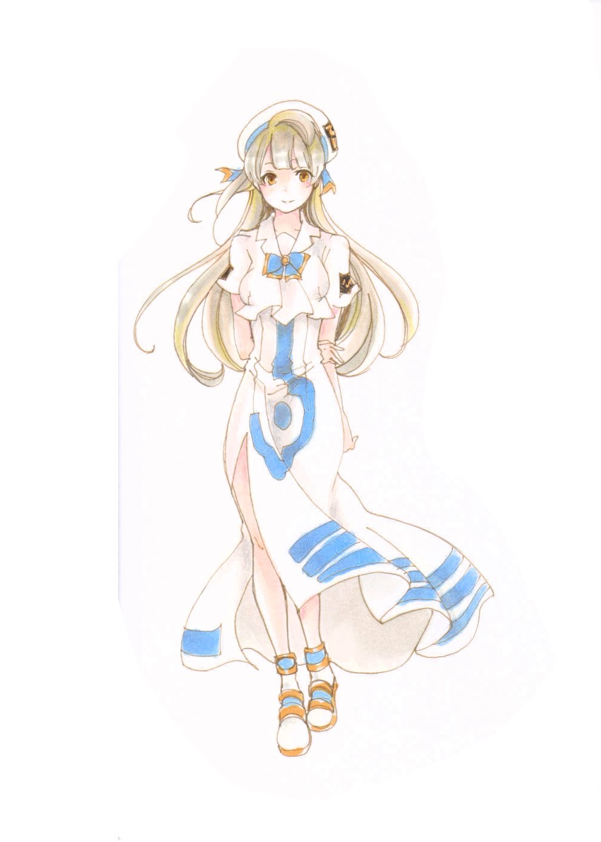 1girl, absurdres, aria_(manga), arm_behind_back, blonde_hair, blouse, blue_ribbon, brown_hair