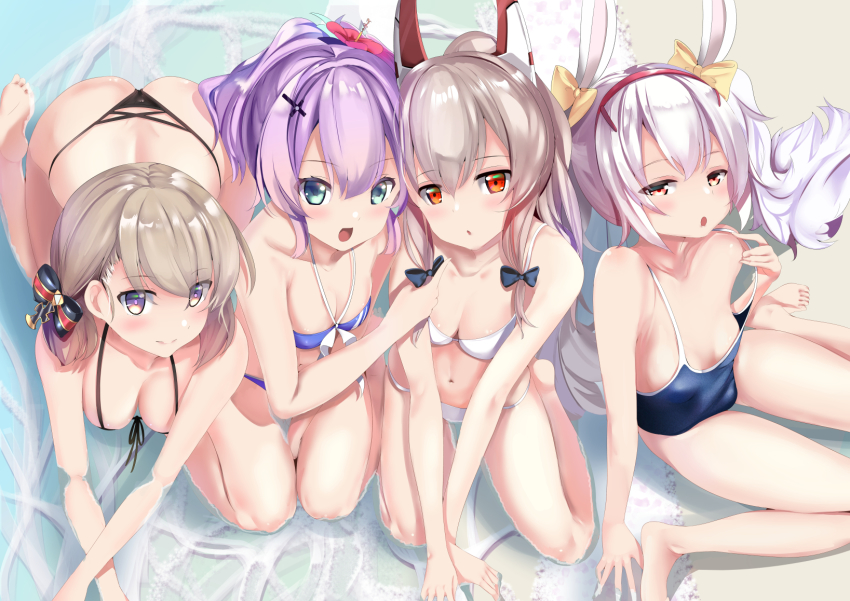 4girls, all_fours, animal_ears, ayanami_(azur_lane), azur_lane, beach, bikini, black_bikini