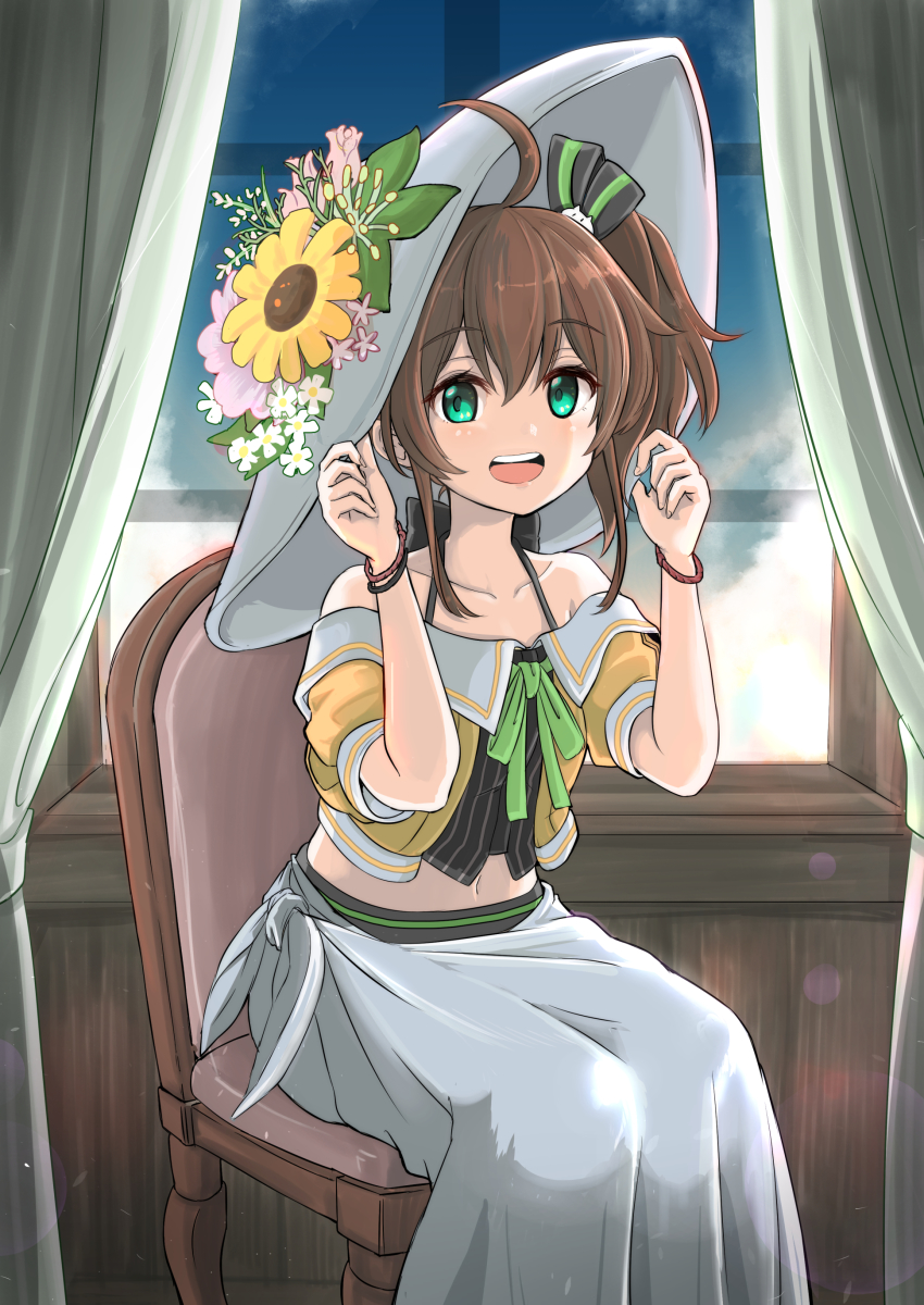 1girl, absurdres, ahoge, brown_hair, chair, collarbone, commentary_request, curtains, female_focus, flower, green_eyes, hair_between_eyes, hair_flower, hair_ornament, hat, highres, hololive, midriff, moroboshi_meteo, natsuiro_matsuri, natsuiro_matsuri_(1st_costume), navel, open_mouth, short_hair, side_ponytail, sitting, solo, virtual_youtuber, window