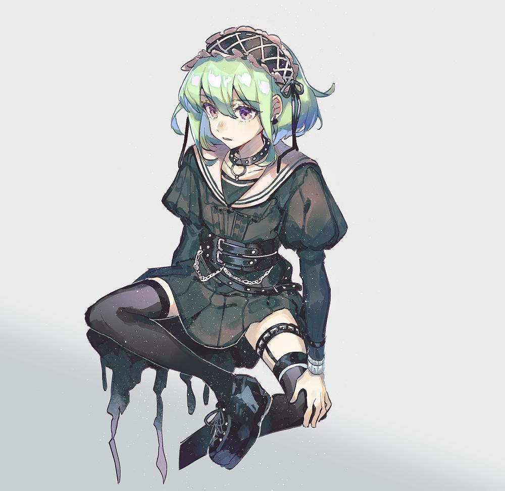 1boy, belt, black_dress, collar, crossdressing, crossdressing_(mtf), dress, earrings, frills, full_body, gothic_lolita, green_hair, grey_background, hairband, jewelry, lio_fotia, lolita_fashion, lolita_hairband, long_sleeves, male_focus, platform_footwear, promare, purple_eyes, sailor_collar, simple_background, solo, tawan_(46okuneeen), trap