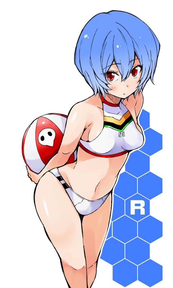 1girl, adapted_costume, ayanami_rei, ball, beachball, bibi02, bikini, blue_hair