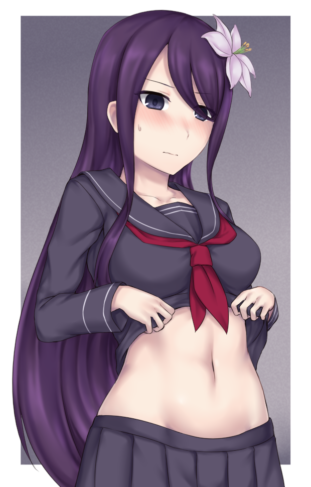 1girl, belly, black_serafuku, blush, clothes_lift, flower, hair_flower, hair_ornament, hibiscus, navel, purple_hair, school_uniform, serafuku, shirt_lift, soukitsu, swept_bangs, tsukuyomi_(under_night_in-birth), under_night_in-birth