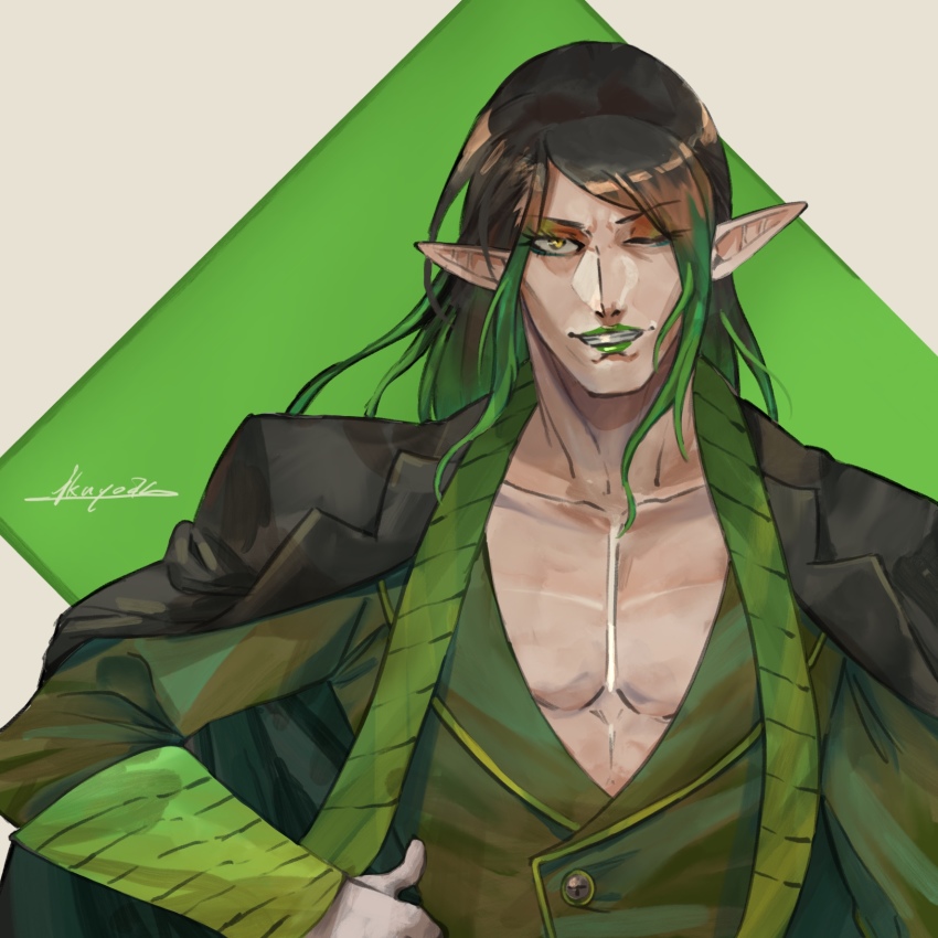 1boy, artist_name, black_hair, black_jacket, collarbone, elf, green_hair, green_lips, green_vest, hanabatake_chaika, hanabatake_chaika_(2nd_costume), highres, ikuyoan, jacket, jacket_on_shoulders, lipstick, long_hair, long_sleeves, looking_at_viewer, makeup, male_focus, multicolored_hair, nijisanji, one_eye_closed, pointy_ears, simple_background, solo, standing, two-tone_hair, vest, virtual_youtuber, yellow_eyes