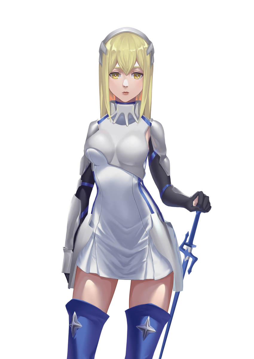 1girl, absurdres, aiz_wallenstein, arm_at_side, armor, black_gloves, blonde_hair, blue_boots