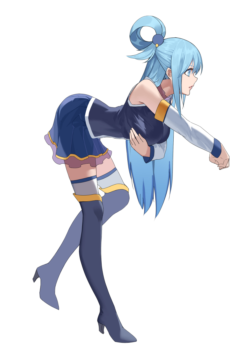 1girl, absurdres, aqua_(konosuba), ass, black_thighhighs, blue_boots, blue_eyes, blue_hair, blue_thighhighs, boots, breasts, detached_sleeves, female_focus, full_body, hair_ornament, hair_rings, high_heel_boots, high_heels, highres, kono_subarashii_sekai_ni_shukufuku_wo!, large_breasts, long_hair, looking_to_the_side, profile, simple_background, skirt, solo, sphere_hair_ornament, standing, takamitsu-kun, thigh_boots, thighhighs, thighhighs_under_boots, very_long_hair, white_background, white_thighhighs