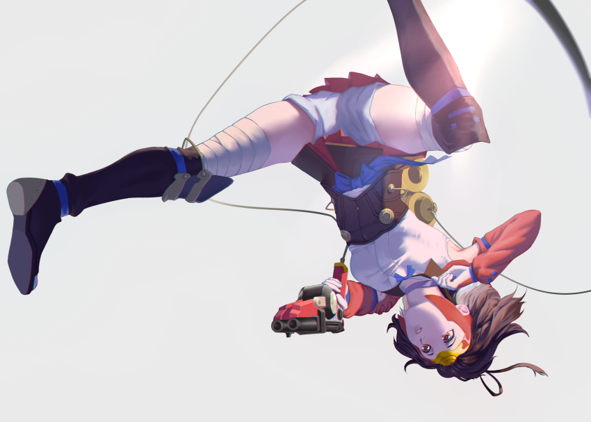 1girl, black_legwear, brown_hair, choker, detached_sleeves, female_focus, full_body, gun