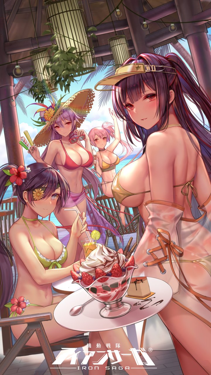 4girls, alternate_costume, amanda_(iron_saga), arm_up, ass, bare_shoulders, beach, bikini