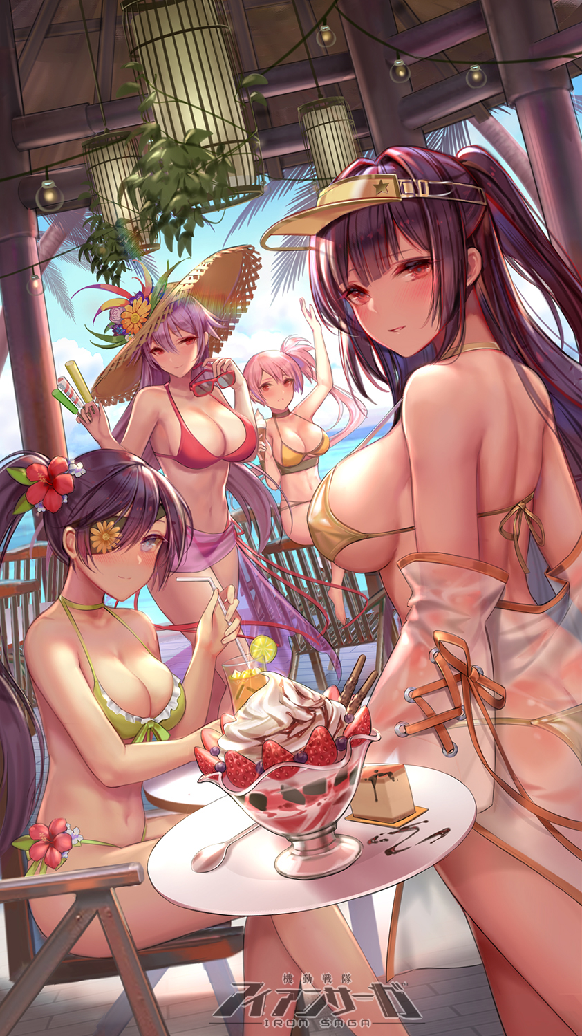 4girls, alternate_costume, amanda_(iron_saga), arm_up, ass, bare_shoulders, beach, bikini