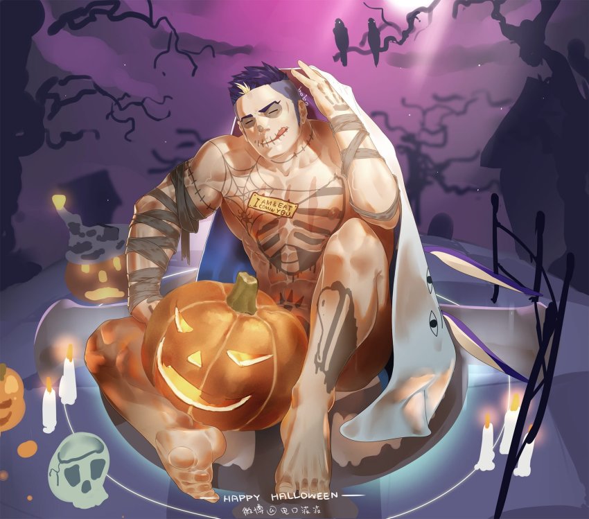1boy, abs, bara, bird, candle, censored, closed_eyes, crow, elec_bobo, fate/grand_order, fate_(series), fergus_mac_roich_(fate), full_body, halloween, halloween_costume, highres, jack-o'-lantern, large_pectorals, looking_at_viewer, male_focus, medjed_(fate), muscular, nipples, nitocris_(swimsuit_assassin)_(fate), nitocris_(swimsuit_assassin)_(first_ascension)_(fate), pectorals, pumpkin, purple_hair, scar, skull, smile, solo, tattoo, tongue