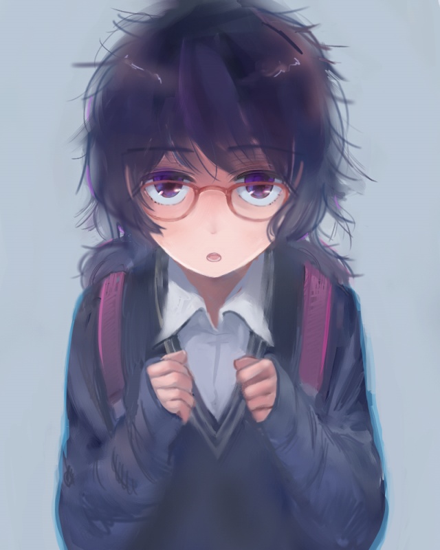 1girl, asasow, backpack, bag, blue_background, cardigan, female_focus, glasses, jimiko, long_sleeves, looking_at_viewer, messy_hair, open_mouth, original, purple_eyes, purple_hair, school_uniform, shirt, simple_background, sleeves_past_wrists, solo