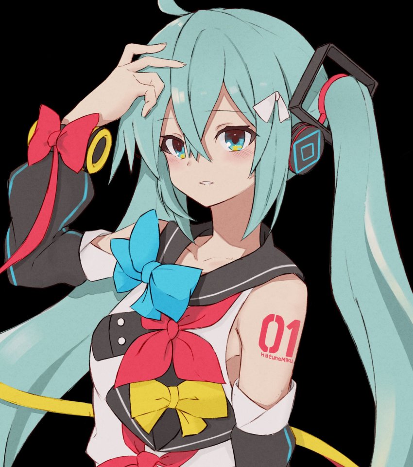 1girl, aqua_eyes, aqua_hair, bad_id, bad_twitter_id, bandana, black_bandana, blue_bow