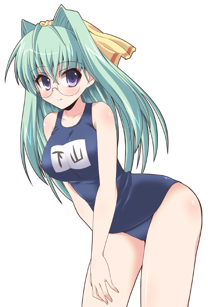 00s, 1girl, blue_eyes, blush, breasts, female_focus, glasses, green_hair