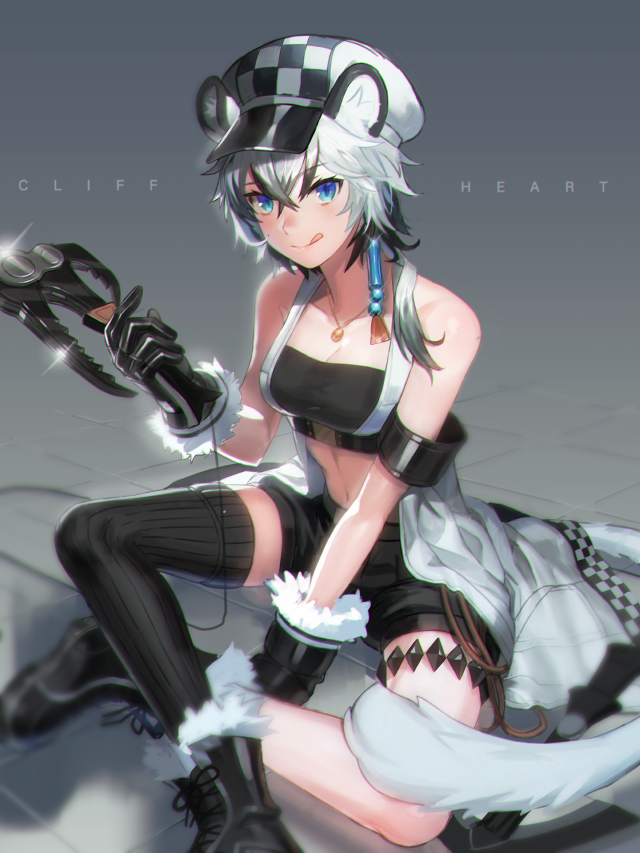 1girl, animal_ears, arknights, armlet, black_gloves, black_shoes, black_shorts, black_thighhighs