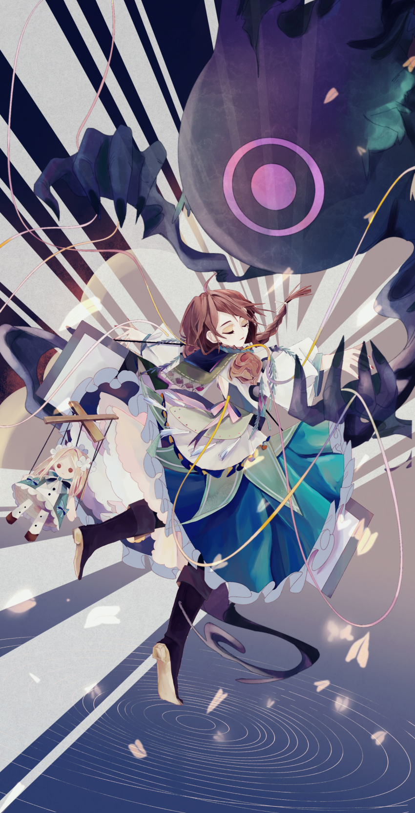 1girl, absurdres, ahoge, black_footwear, braid, brown_hair, dress, closed_eyes