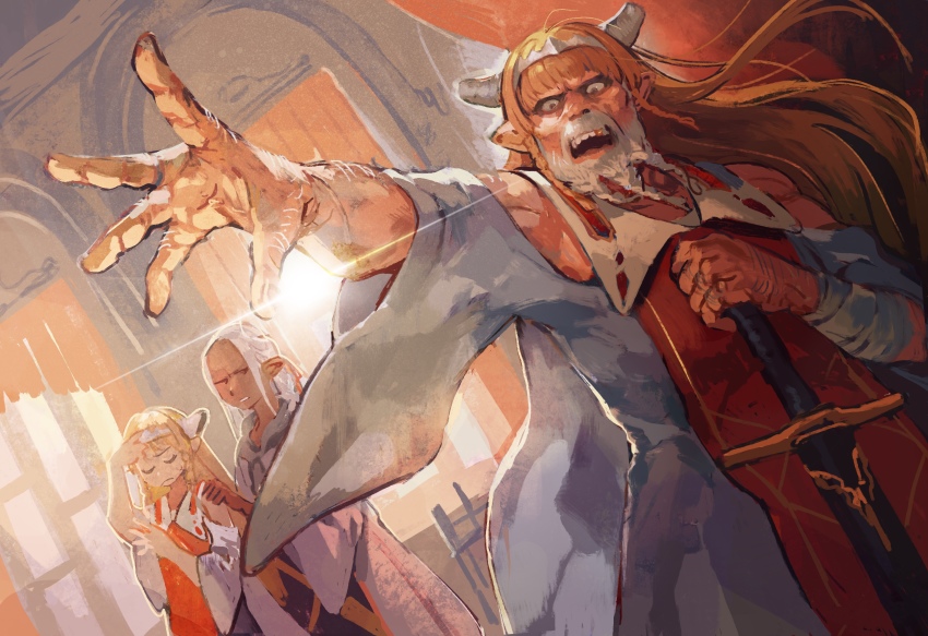 1boy, 2girls, :o, absurdres, akaneko_(redakanekocat), arm_hair, beard, blonde_hair