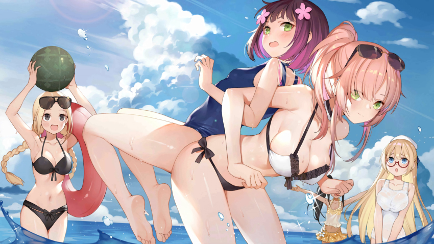 5girls, alternate_costume, armpits, arms_up, ass-to-ass, back-to-back, bare_legs, barefoot
