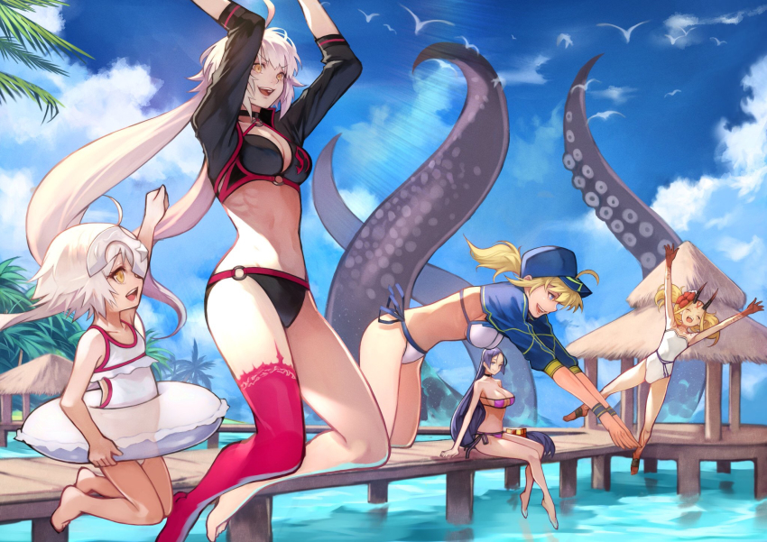 5girls, ahoge, alternate_costume, artoria_pendragon_(fate), baseball_cap, bikini, black_bikini, black_choker