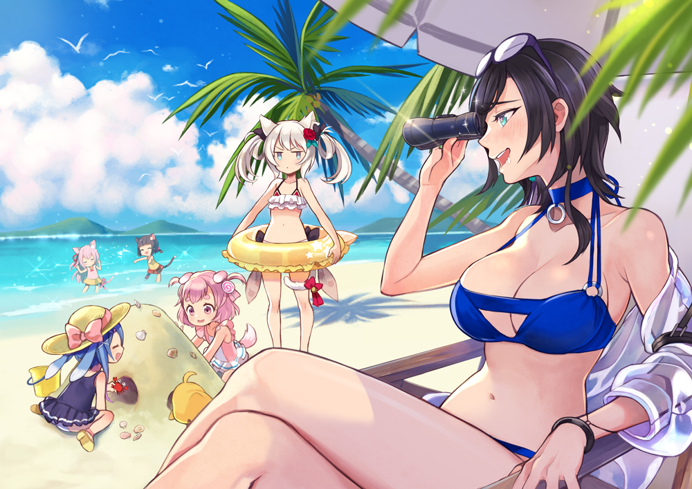 6+girls, animal_ears, ark_royal_(azur_lane), ark_royal_(coast_watcher)_(azur_lane), azur_lane, beach, beach_chair, beach_umbrella